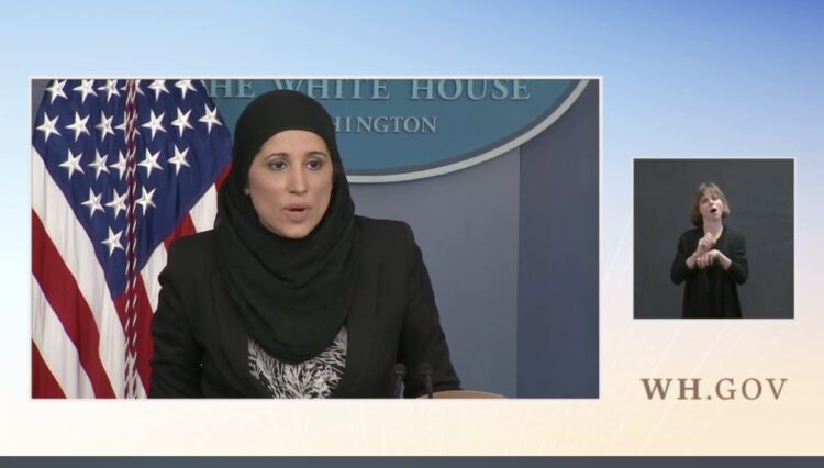 Kashmiri origin U.S official Sameera Fazili seen in hijab while speaking at White House