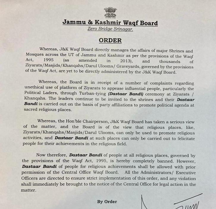 J&K Waqf Board bans ‘Dastaar Bandi’ of political leaders at shrines, religious places Asian News Hub