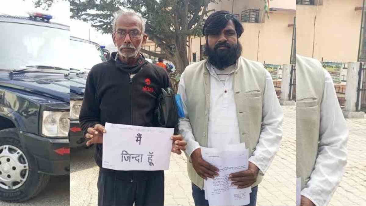 Elderly man declared dead in March, holds ‘Main Zinda Hun’ placard