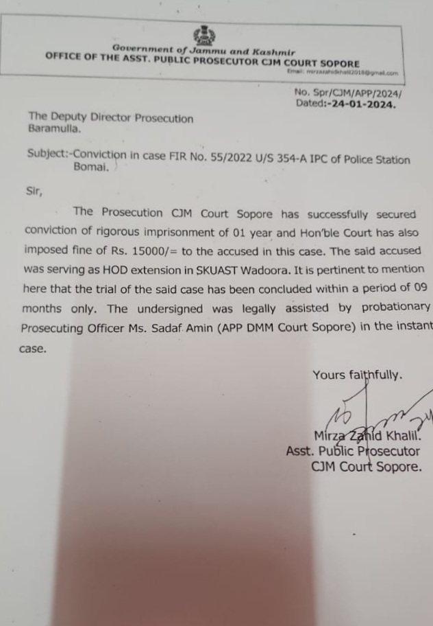 Professor at SKAUST Wadoora sentenced to one year in prison, fined 15,000 rupees for sexual harassment Asian News Hub